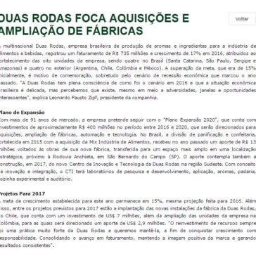 DUAS RODAS FOCA AQUISIÇÕES E AMPLIAÇÃO DE FÁBRICAS – Aditivos & Ingredientes